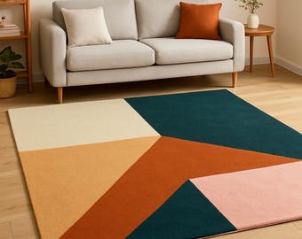 Modern Geometric Area Rug, Color Block Scandinavian Carpet, Mid Century Abstract Living Room Rug, Minimalist Designer Floor Rug