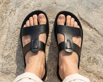 Handmade Black Leather Sandals, Greek Style Slides, Summer Comfort Shoes