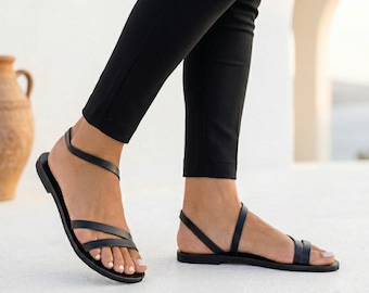 Handgefertigte griechische Ledersandalen - Minimalistische flache Sandalen für Frauen, Sommer Chic