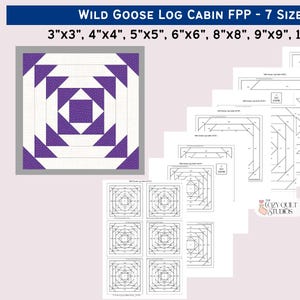 Pode incluir: Um conjunto de moldes de costura Wild Goose Log Cabin em sete tamanhos, de 7,62x7,62 cm a 25,4x25,4 cm. O design inclui uma ilustração de bloco de colcha geométrico roxo e branco e vários modelos imprimíveis com seções numeradas.