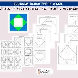 May include: Economy Block FPP in 9 sizes ranging from 2"x2" to 10"x10". The document displays a blue, green, and white square quilt block pattern alongside multiple black and white foundation paper piecing templates and The Cozy Quilt Studios logo.