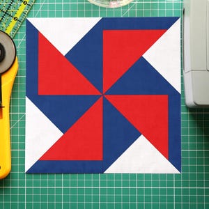 Patrón de bloque de colcha FPP de doble molinillo en PDF / Rojo, blanco y azul, 4 de julio, Día de los Caídos, Día de la Independencia, bloque de colcha de molinillo