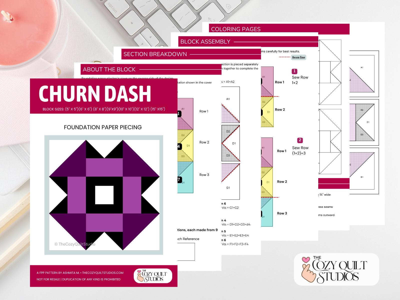 Churn Dash FPP Quilt Block Pattern | Foundation Paper Pieced Quilt ...