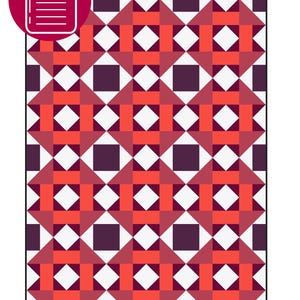 May include: A PDF quilt pattern featuring a geometric design in shades of red, white, and purple. The pattern includes squares, diamonds, and rectangles. The Cozy Quilt Studios logo and pattern details are also visible.