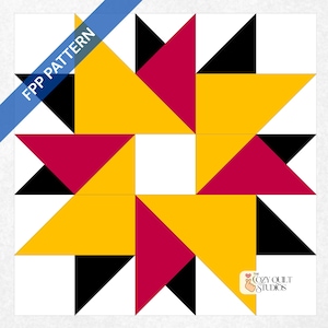 May include: A geometric quilt block design featuring a star pattern. The design uses yellow, black, and burgundy triangles on a white background. The text "FPP PATTERN" is on a blue diagonal banner. The Cozy Quilt Studios logo is in the bottom right corner.