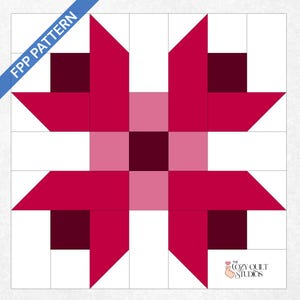 Peut inclure: Un motif de bloc de courtepointe géométrique aux tons de rouge, rose et blanc. Le motif comprend un carré central, entouré de quatre formes stylisées. Les mots "FPP PATTERN" sont dans une bannière bleue. Le logo Cozy Quilt Studios est en bas à droite.