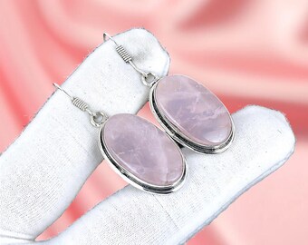 Brincos pendentes ovais de quartzo rosa em prata de lei