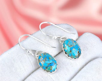 Pendientes de turquesa en plata de ley - Pendientes colgantes con piedras preciosas ovaladas