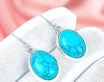 Pendientes de turquesa en plata de ley: piedra preciosa ovalada, regalo de aniversario