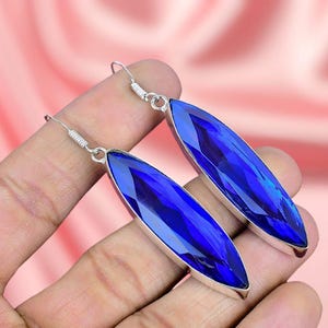 Sterling Silver Blue Sapphire Marquise Earrings: Women&#39;s Engagement Jewelry