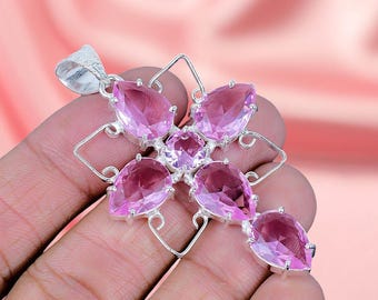 Pendentif kunzite rose en argent sterling, bijoux bohèmes en pierres précieuses