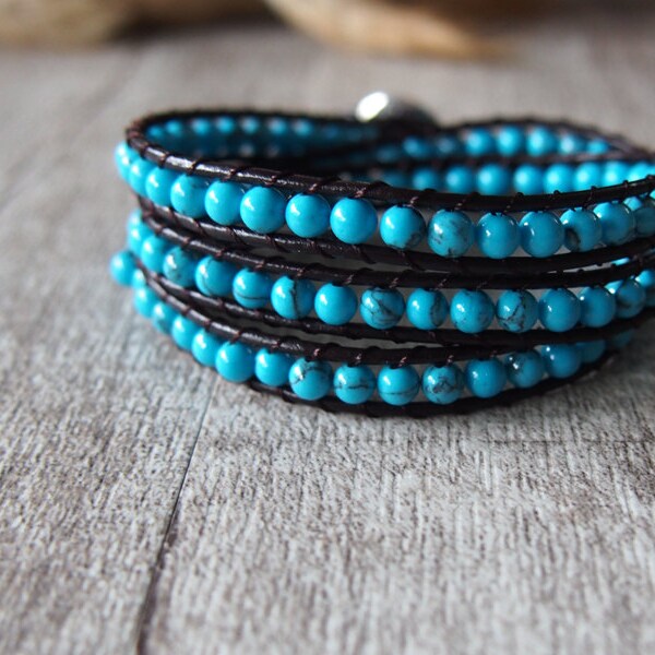 Sale--Beaded Wrap Turquoise Beaded 3 Wrap Gemstone Leather Wrap Bracelet 10299