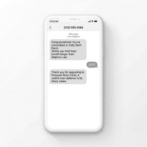 Puede incluir: Un smartphone blanco muestra una conversación de mensajes de texto. Los mensajes comparten datos sobre los perezosos, incluida su capacidad para contener la respiración más tiempo que los delfines. También se ve un botón "STOP".