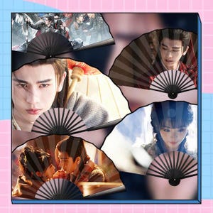 May include: A collage of black folding fans featuring printed scenes of individuals in traditional attire. The images display various close-up portraits and group shots of people with dark hair, some holding umbrellas, set against a light blue grid background.
