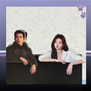 May include: Two acrylic standees featuring a man in a black leather jacket and a woman in a white collared shirt. Both figures are depicted from the waist up, resting their arms on a black horizontal edge against a light speckled background.