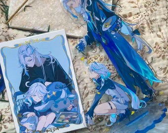 Genshin Impact Furina & Neuvillette Fan-Made Set - "Golden Rain" Acrylic Standee + Collectible Card,Anime Desk Decor and Gift for Fans
