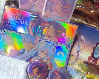 Frieren: Beyond Journey's End Fan Merch Complete Set -"Reunion with Old Dreams" Holographic Badge, Acrylic Standee & Anime Collectible Cards