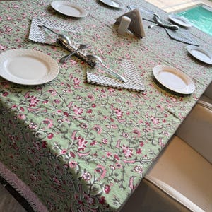 Cotton Block Print Tablecloth, Green, Handmade Vintage Tablecloth, Floral French Table Cover Housewarming gifts Wedding gift Party Boho Home