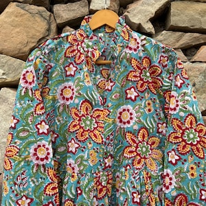 Hand Block Printed 100% Cotton Floral Long Sleeves Maxi Dresses, Green Color For Women Made By Natural Colors Summer Dress, Bohemian Dress,