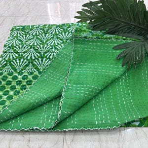 Green Patchwork Cotton Kantha Quilt: Reversible Indian Bedspread (Queen Size)