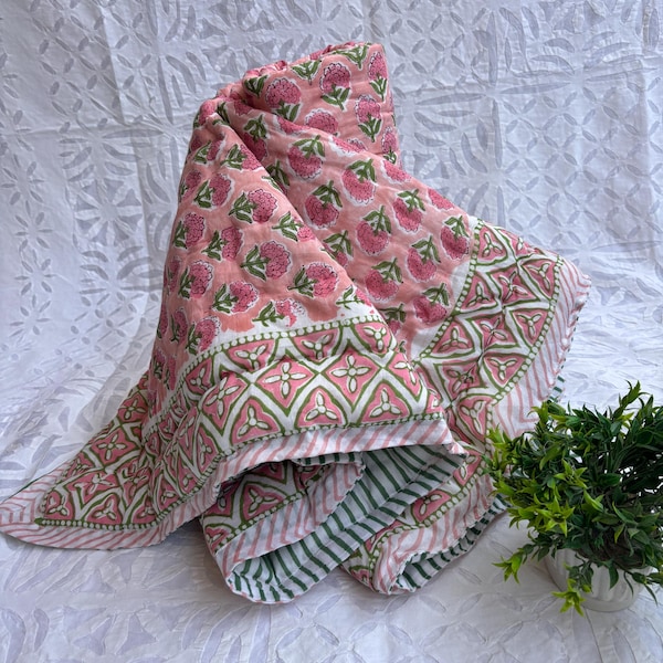 Edredón para bebé estampado a mano con bloques de madera, manta floral color melocotón de algodón orgánico (44x70)