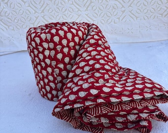 Hand Block Printed Red Floral Quilt, Organic Cotton Razai