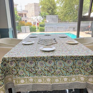 Green Classic French Dining Table Cover, Indian Block Print Tablecloth, Cotton Floral Vintage Tablecloth, Kitchen Housewarming Wedding gifts