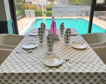 Toalha de mesa e conjunto de guardanapos em algodão com estampa floral em bloco, decoração indiana.