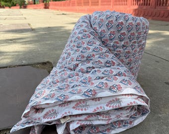 Hand Block Print Floral Quilt, Reversible Cotton Razai Blanket