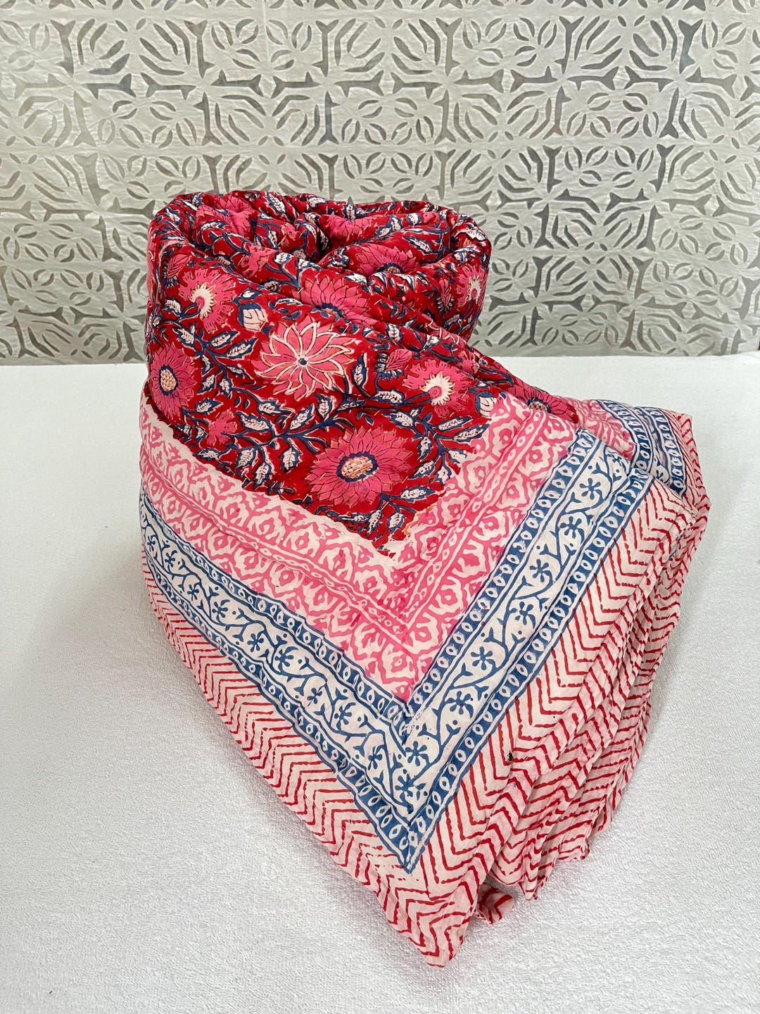 Red Razai Red Floral Block Print Cotton Razai Quilt, Handmade Bed Cover - Etsy