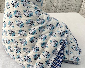Hand Block Printed Cotton Quilt, Winter Warm Floral Bedspread