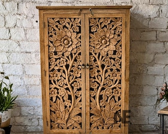 Handsnidad garderob i blommigt mangoträ, lyxiga sovrumsmöbler