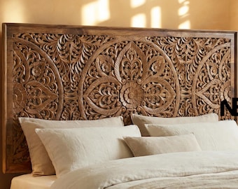 Hand-Carved Mango Wood Headboard | Mandala Floral Design, Wall Mounted, Natural/Whitewashed Finish