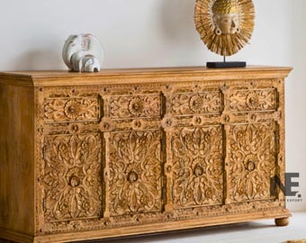 Handcrafted Mango Wood Sideboard – Carved Storage Cabinet, Handmade Modern Furniture for Living Room