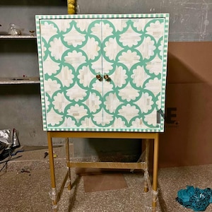Teal Bone Inlay Bar Cabinet: Handmade Mango Wood Sideboard with Brass Base