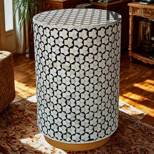 Handmade Bone Inlay End Table: Floral Accent, Custom Color