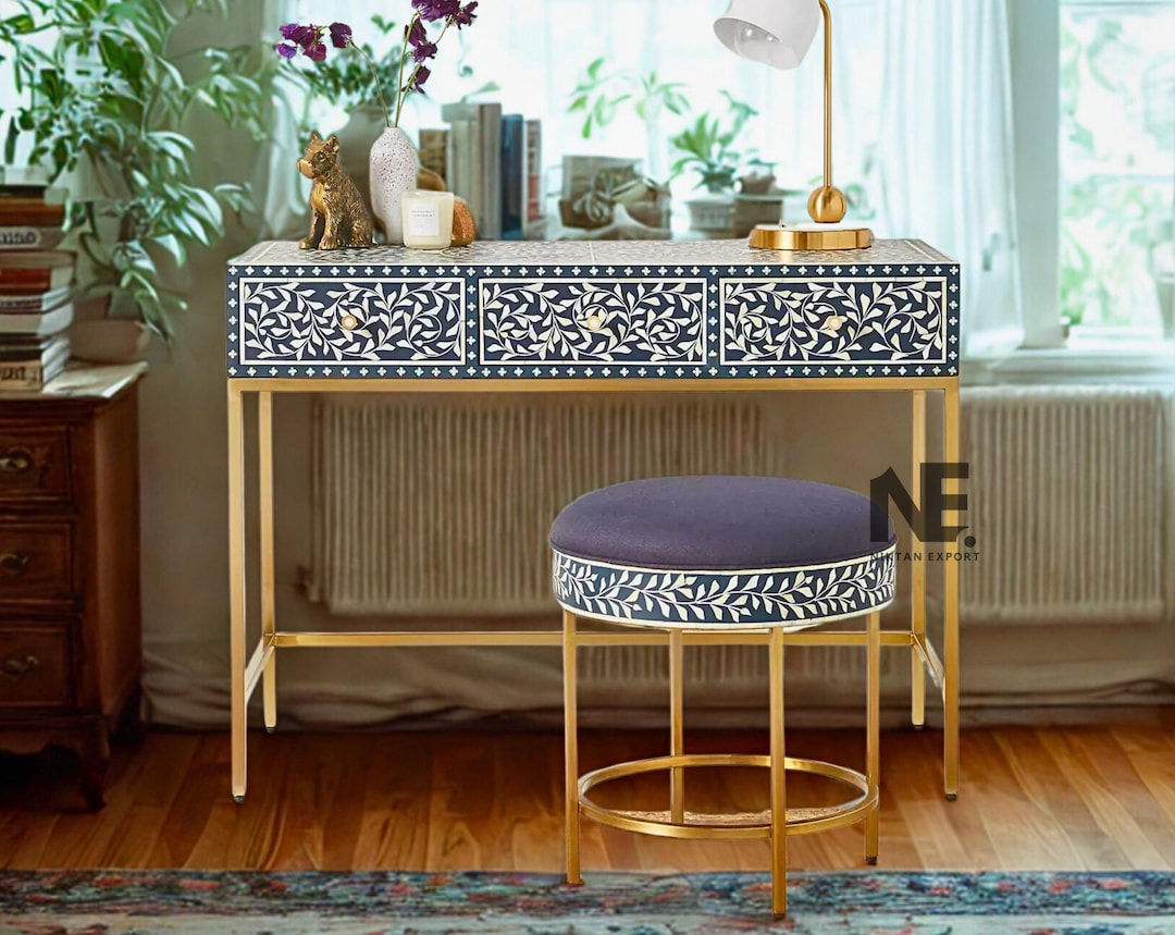 Bone Inlay Vanity Table – Navy Blue Makeup Desk, Handmade Bedroom ...