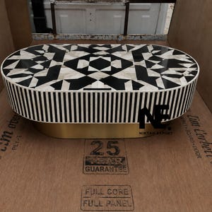 Handcrafted Bone Inlay Coffee Table – Black Resin, Striped Mother of Pearl, Brass Base