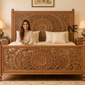 Estrutura de cama em madeira de mangueira esculpida à mão, com cabeceira e peseira florais. Móveis para quarto.