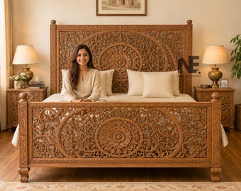 Hand Carved Mango Wood Bed Frame, Floral Headboard Footboard Bedroom Furniture