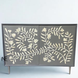 Handmade Bone Inlay Chest of Drawers: Grey & Black Accent Cabinet