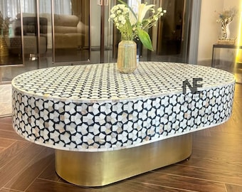 Black Mother of Pearl Coffee Table – Handmade Center Table, Luxury Living Room Decor