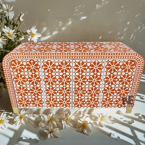 Orange Bone Inlay Sideboard | Handmade 4-Door Buffet Cabinet | Floral Inlay Chest | Brass Legs | Modern Storage Furniture
