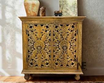 Hand-Carved Mango Wood Sideboard – Floral Carved Cabinet | Home Decor