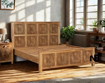 Hand-Carved Mango Wood Bed Frame | Floral Mandala Panels, Solid Wood Bedroom Furniture