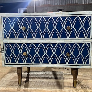 Aurora Bone Inlay Bedside Table Blue – Handmade Floral Nightstand with 2 Drawers – Bone Inlay Furniture – Set of 2 Optional