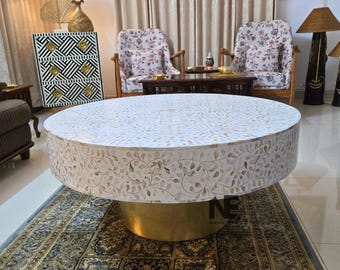 Mother of Pearl Floral Coffee Table – Handmade Center Table, Luxury Living Room Decor