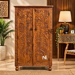 Hand Carved Tree of Life Armoire, Solid Mango Wood Wardrobe, Ornate Wooden Storage Cabinet, Boho Rustic Closet, Handmade Bedroom Furniture