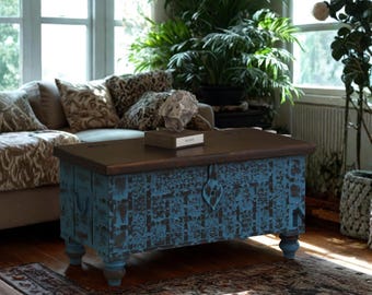 Baúl de almacenamiento de madera de mango azul envejecido: baúl hecho a mano, decoración rústica para el hogar y almacenamiento