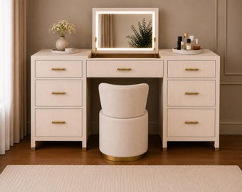 Bone Inlay Makeup Vanity with LED Mirror & Stool, Handmade Dressing Table, Luxury Bedroom Vanity Desk